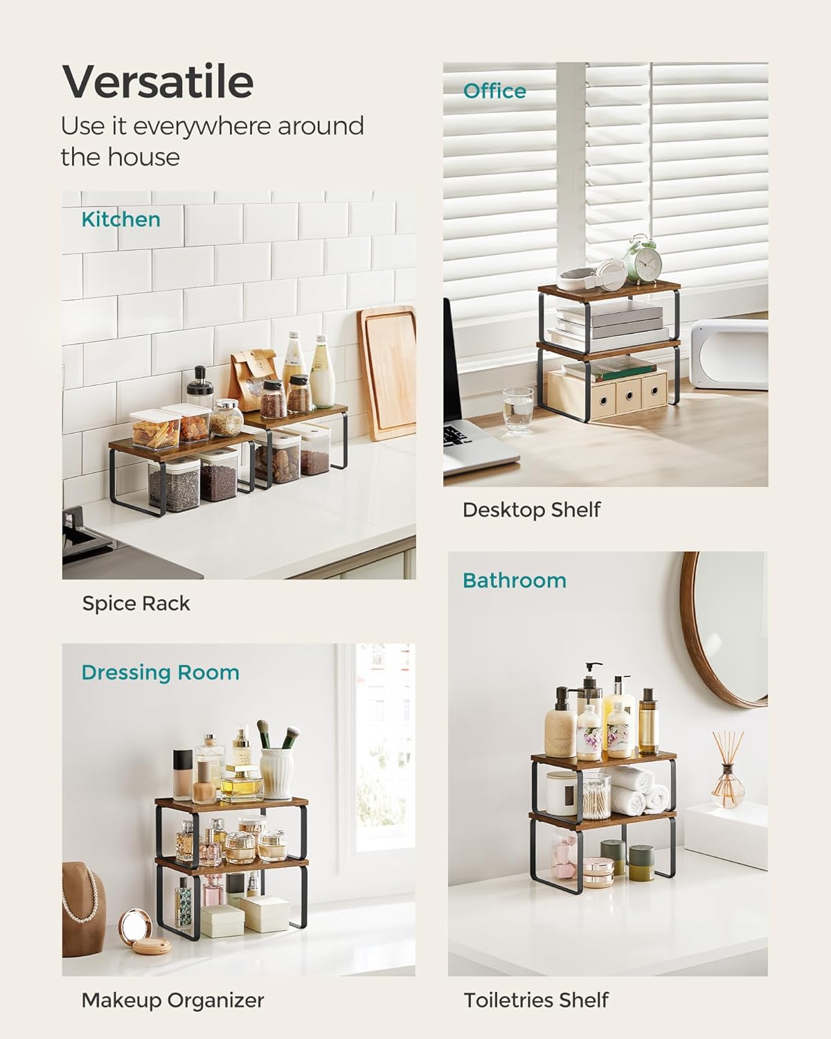 SONGMICS Cabinet Organizer Shelf, Set of 4 Kitchen Counter Shelves, Kitchen Storage, Spice Rack, Stackable, Expandable, Metal and Engineered Wood, Ink Black and Rustic Brown UKCS021X01