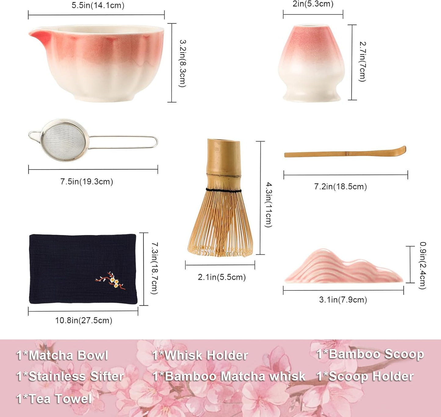 Matcha Whisk Set, 7-Pack Peach Pink Matcha Set - Include Petal Matcha Bowl with Spout, Bamboo Whisk, Chasen Holder, Sifter, Scoop, Tea Towel, Scoop Rest - Perfect Matcha Making Kit for Tea Lover
