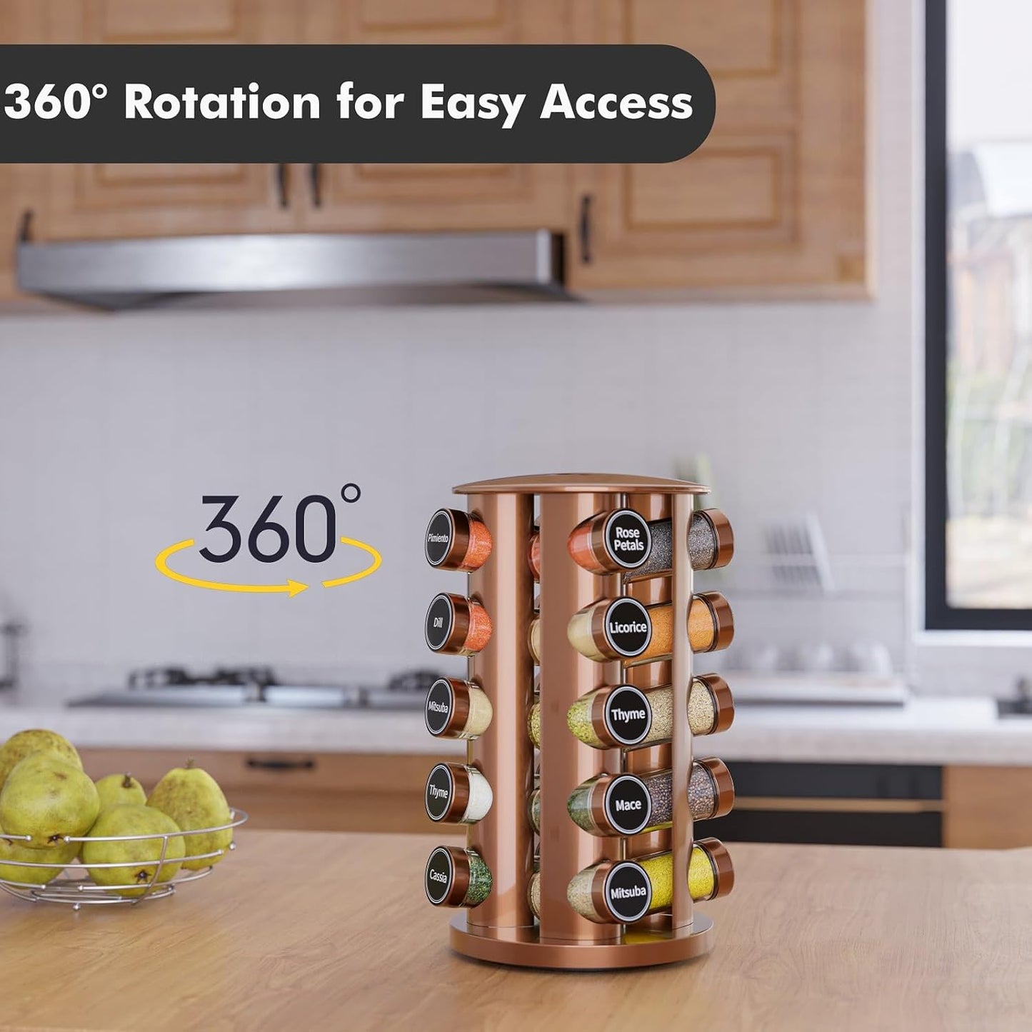 New England Stories Revolving Spice Rack Set with 20 Spice Jars, Kitchen Spice Tower Organizer for Countertop or Cabinet - Carousel Storage Includes 386 Spice Labels (Gold)