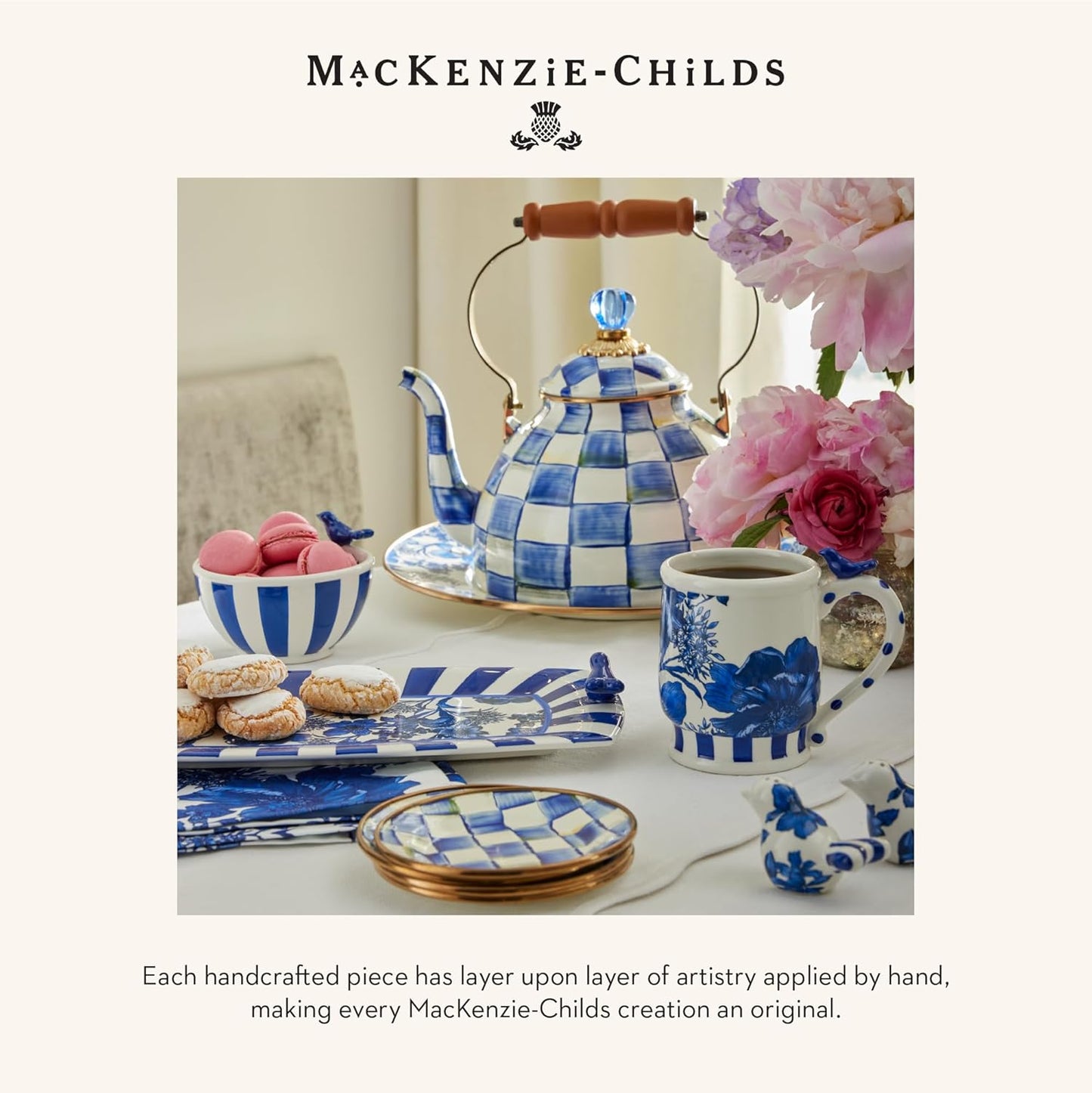 MACKENZIE-CHILDS Enamel Compote, Cute Enamel Pedestal Serving Dish or Decorative Bowl, Large, Blue-and-White Royal Check