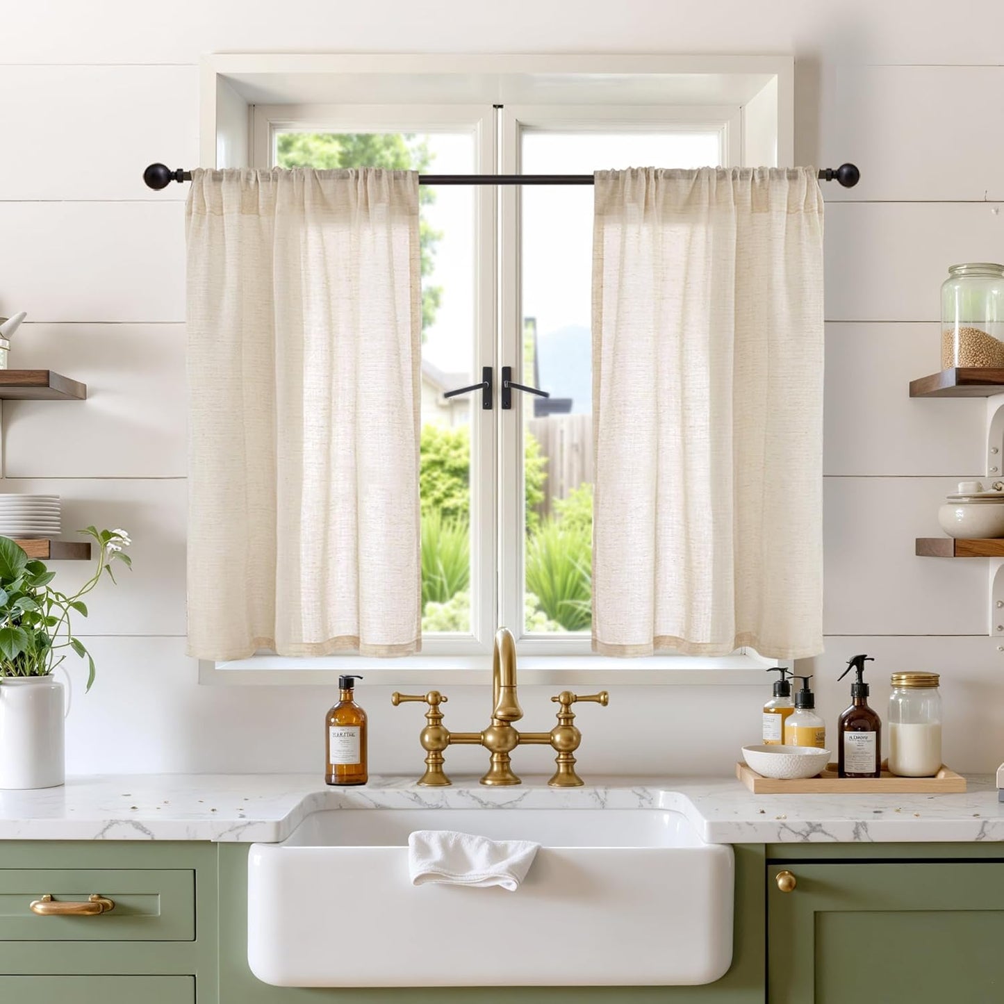 BGment Burlap Linen Farmhouse Kitchen Curtains 36 Inch Length - Half Drapes Light Filtering Semi Sheer with Rod Pocket for Bathroom Cafe Windows Lightweight, 2 Panels Set, 30 X 36 Inch