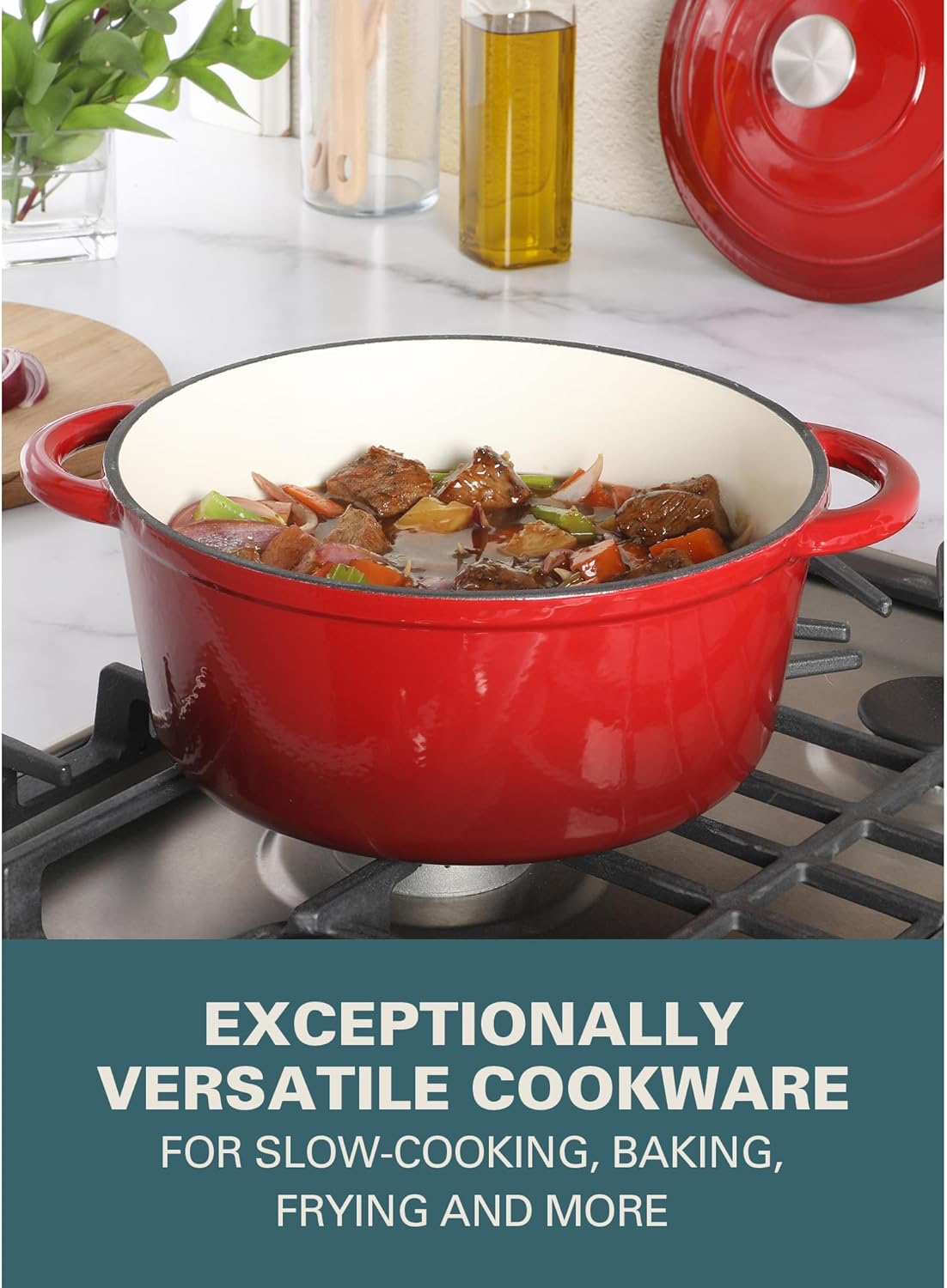 Gibson Home Addlestone 5-Quart Red Enamel Cast Iron Dutch Oven with Lid and Dual Handles – Durable Round Cooking Pot