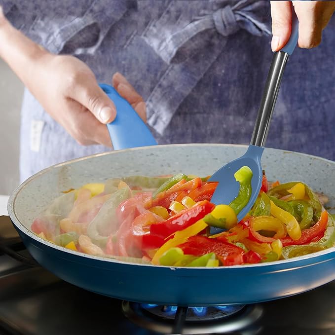 Silicone Spatula and Cooking Spoon,5 Pack Solid & Slotted Spoons and Spatulas High Heat resitant for Kitchen, Stainless Steel Handle Coated with Silicone, Non Stick Utensil, Starry blue