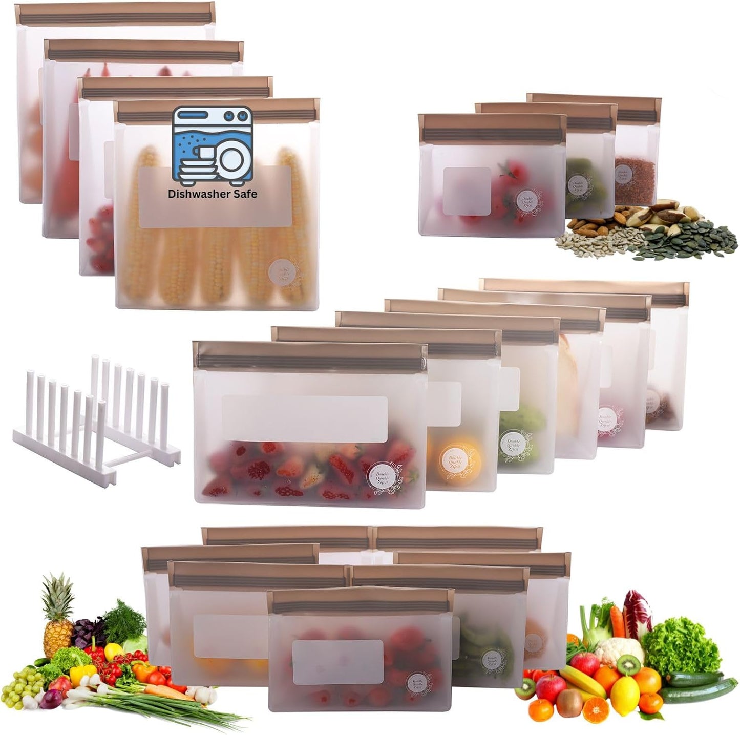 Reusable Food Storage Bags – 21-Pack Stand-Up, BPA-Free, Freezer, Dishwasher Safe & Eco-Friendly – 4 Gal, 6 L, 7 M, 3 S + Rack – Airtight Leakproof Sandwich, Snack, and Meal Prep Bags (Grey)