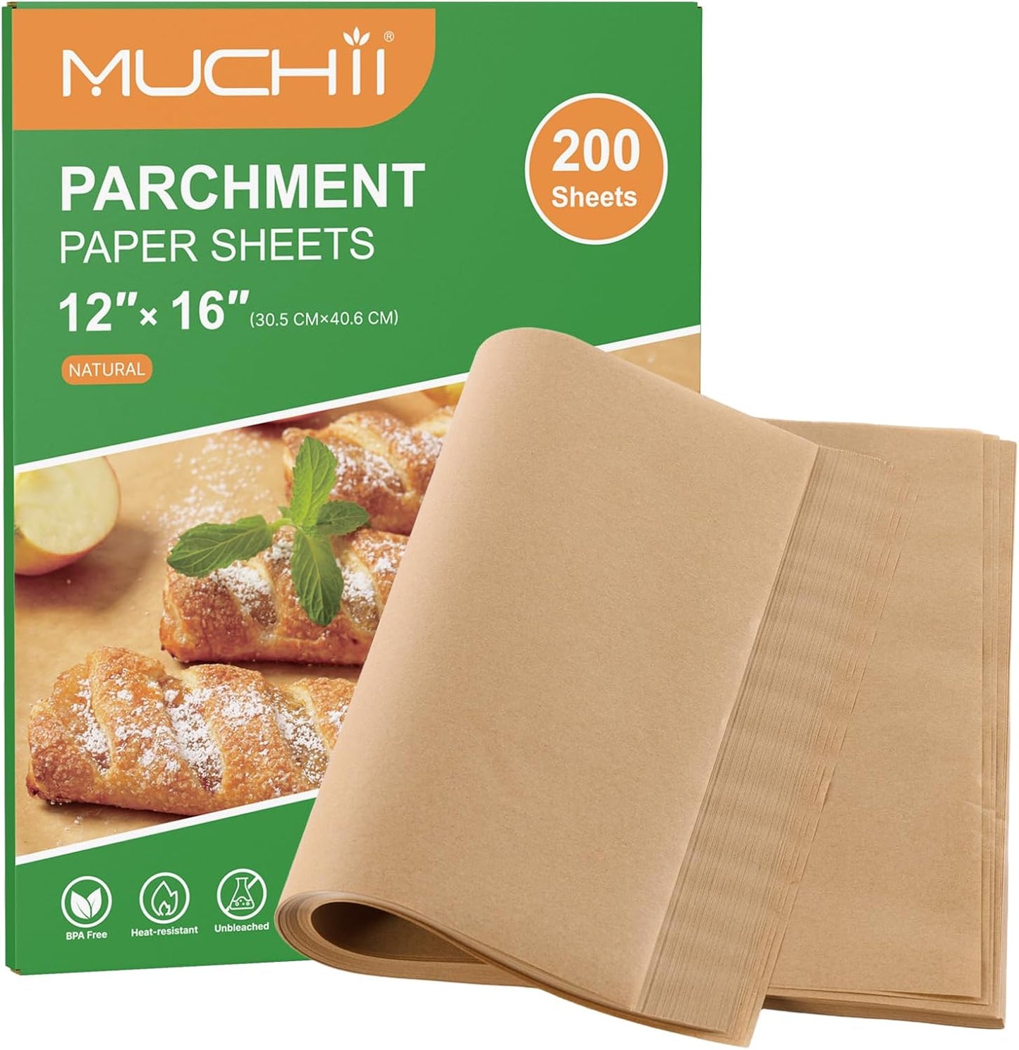 MUCHII 200 Pcs Parchment Paper Sheets, 12 x 16 Inch Precut Non-Stick Baking Parchment for Oven, Grilling, Steaming, Air Fryer, and Half Sheet Pans