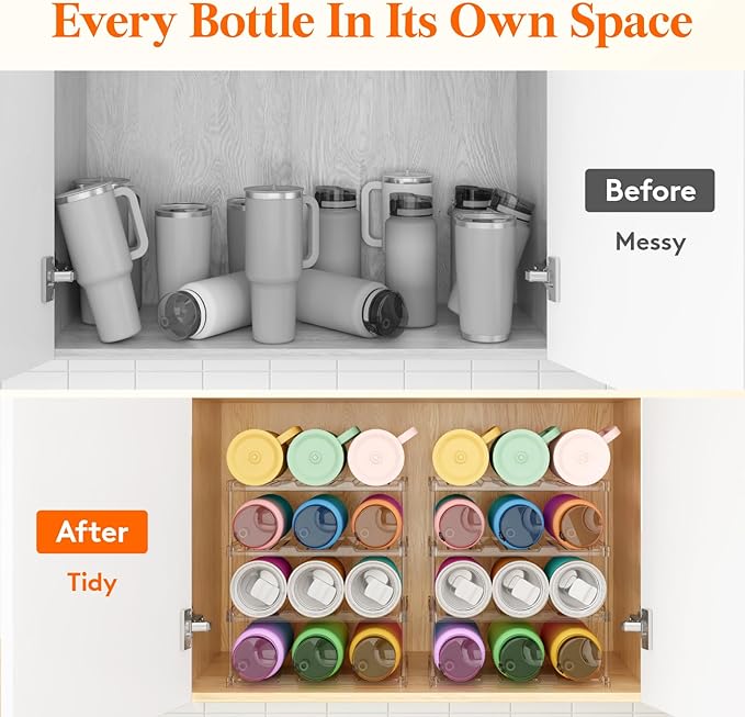 Lifewit Stackable Water Bottle Storage Organizer, Clear Freestanding Wine Bottle Holder for Cabinet, Tumbler Cup Organizer, Plastic Large Compartment Wine Rack for Fridge Cellar, 3Tier Hold 12