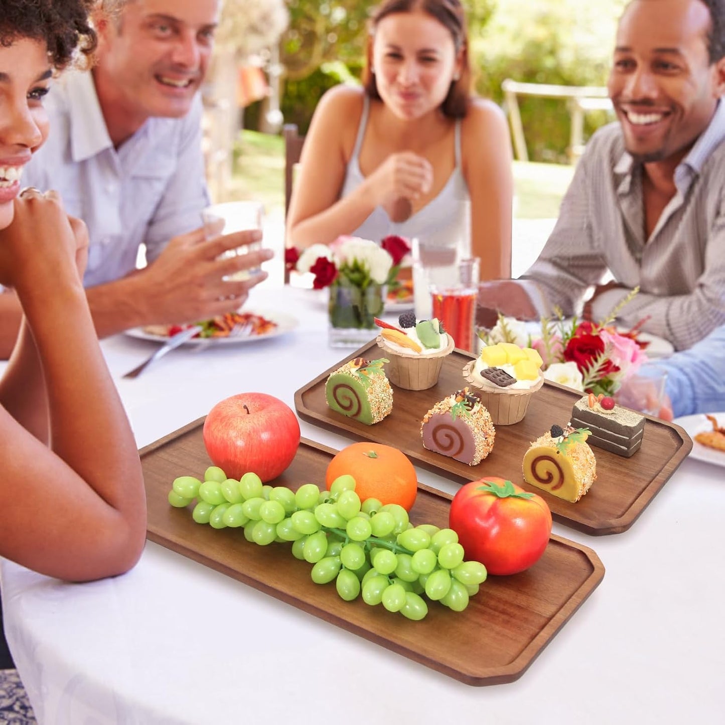 Large Acacia Wood Serving Platters - Wooden Charcuterie Boards, Decorative Platter for Fruit, Food, Cheese - Rectangle Plate Kitchen Counter Tray