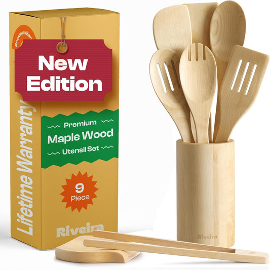 Riveira Maple Wooden Cooking Utensils Set of 9 Premium Quality Non-Toxic Wooden Spoons & Spatulas for Cooking, Stirring, Serving & Flipping