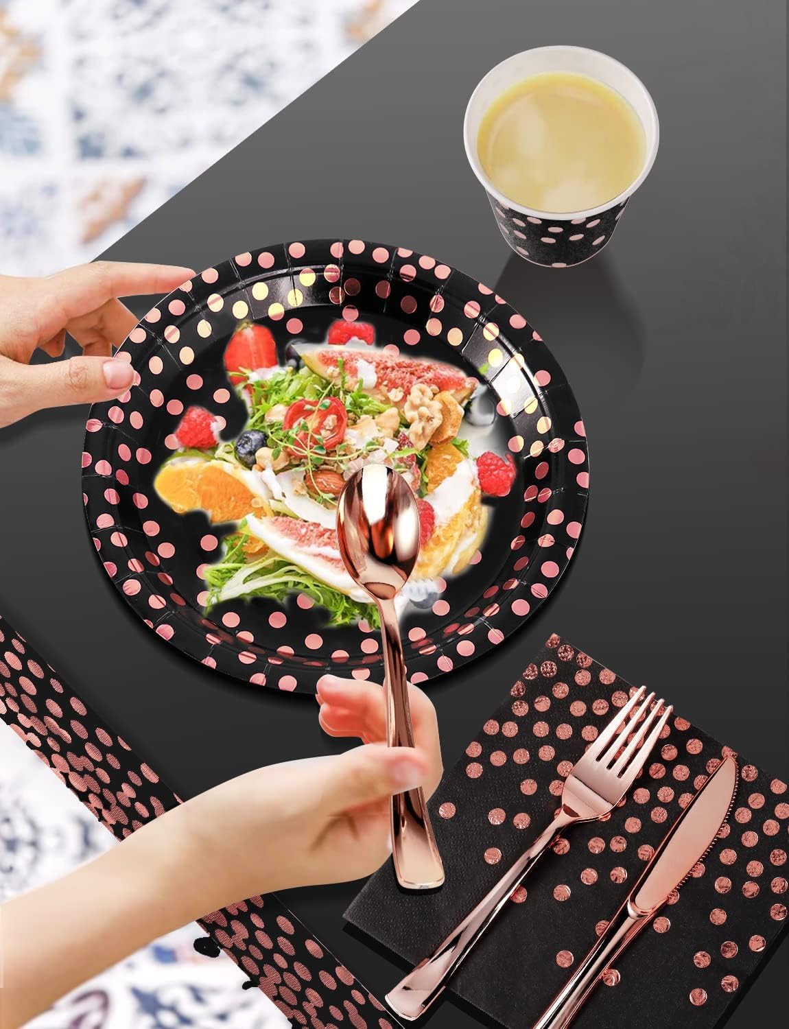 141 Pieces Black and Rose Gold Party Supplies, Party Dinnerware Sets Include Paper Plates Napkins Cups Silverware, for Wedding Bridal Shower Engagement Birthday Parties Decoration -20 Serves