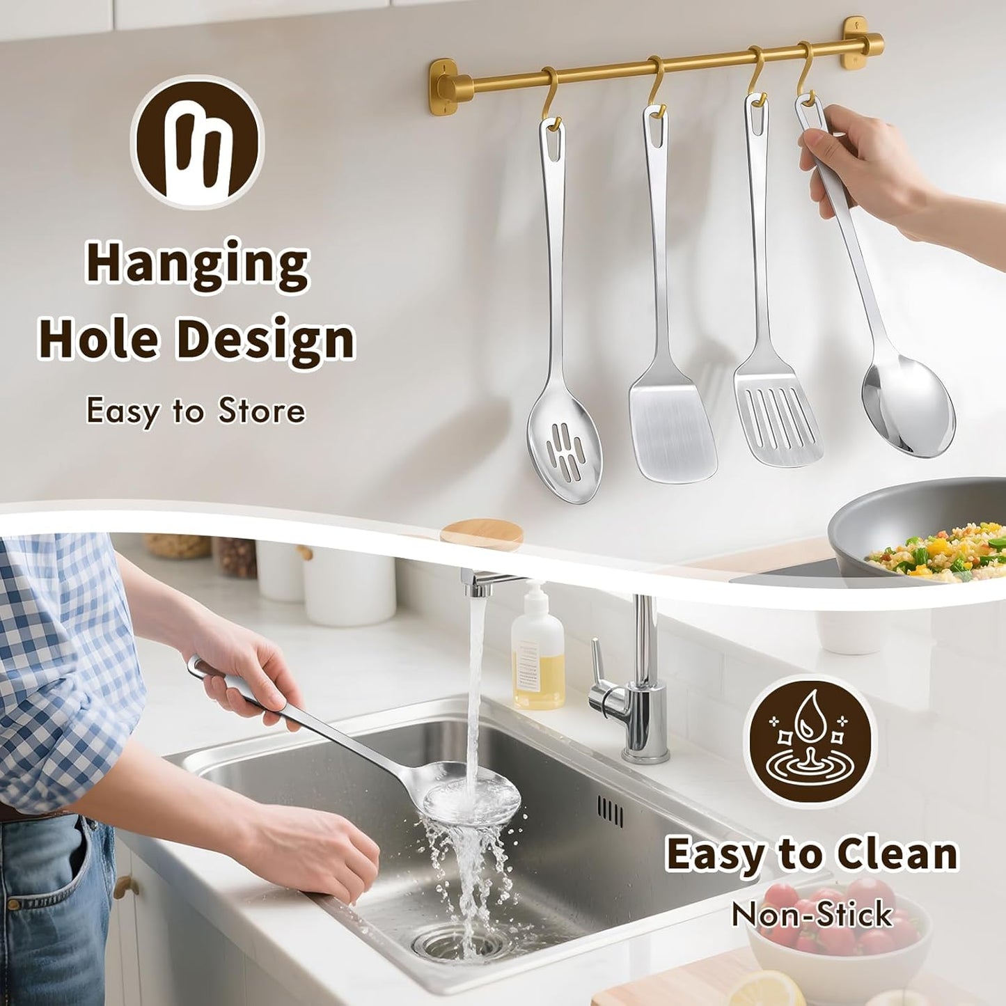 2 Pcs Spoons Cooking Utensils Set, Stainless Steel Kitchen Utensils, Heat Resistant Metal Kitchen Tools Include Solid & Slotted Serving Spoon, Ergonomic Handle, Dishwasher Safe, Easy to Clean, Silver