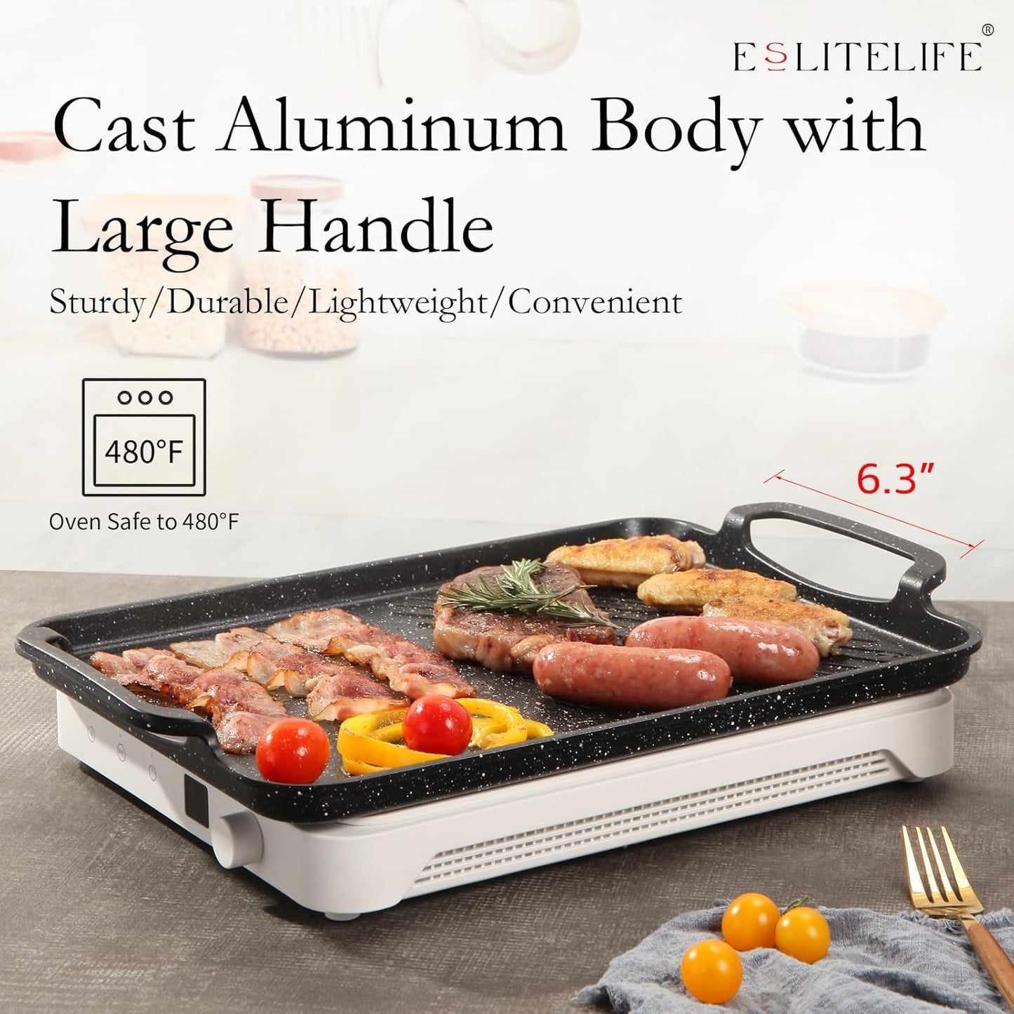 ESLITE LIFE 11" x 17" Nonstick Grill Pan for Indoor Cooking & Outdoor Grilling, Versatile 2-In-1 Induction Large Steak Pan for Stove Tops, PFOA Free, Black