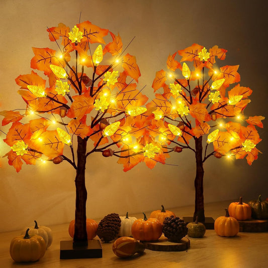 2 Pack 24 Inch Prelit Fall Maple Tree Decorations with 48 LEDs Timer Fall Battery Operated Lighted Artificial Pumpkin Acorn Light Up Maple Tree for Thanksgiving Harvest Table Home Indoor Decor