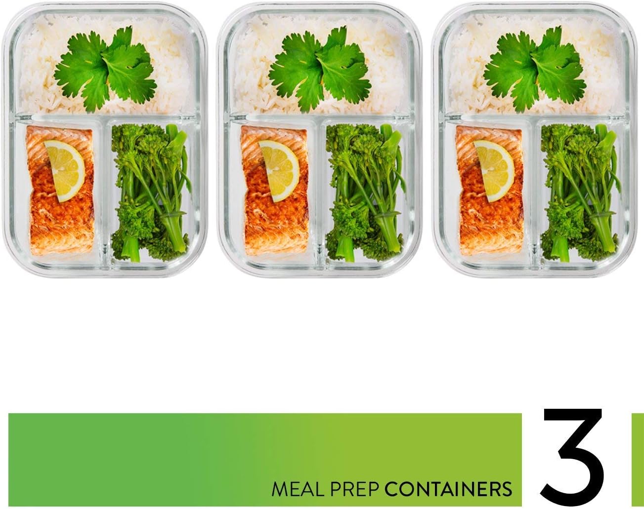 PrepNaturals 3 Pack 34 Oz Glass Meal Prep Containers - Dishwasher Microwave Freezer Oven Safe - Glass Storage Containers with Lids (Multi-Compartment)