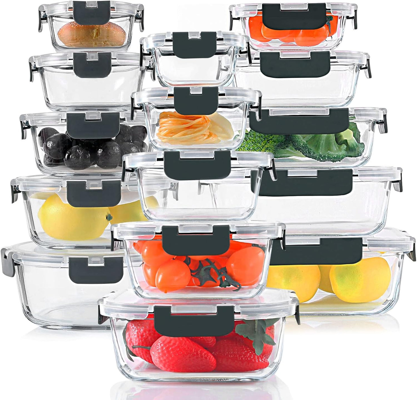 KOMUEE 30 Pieces Glass Food Storage Containers Set, Glass Meal Prep Containers Set with Snap Locking Lids, Airtight lunch Containers for Microwave, Oven, Freezer & Dishwasher,Gray
