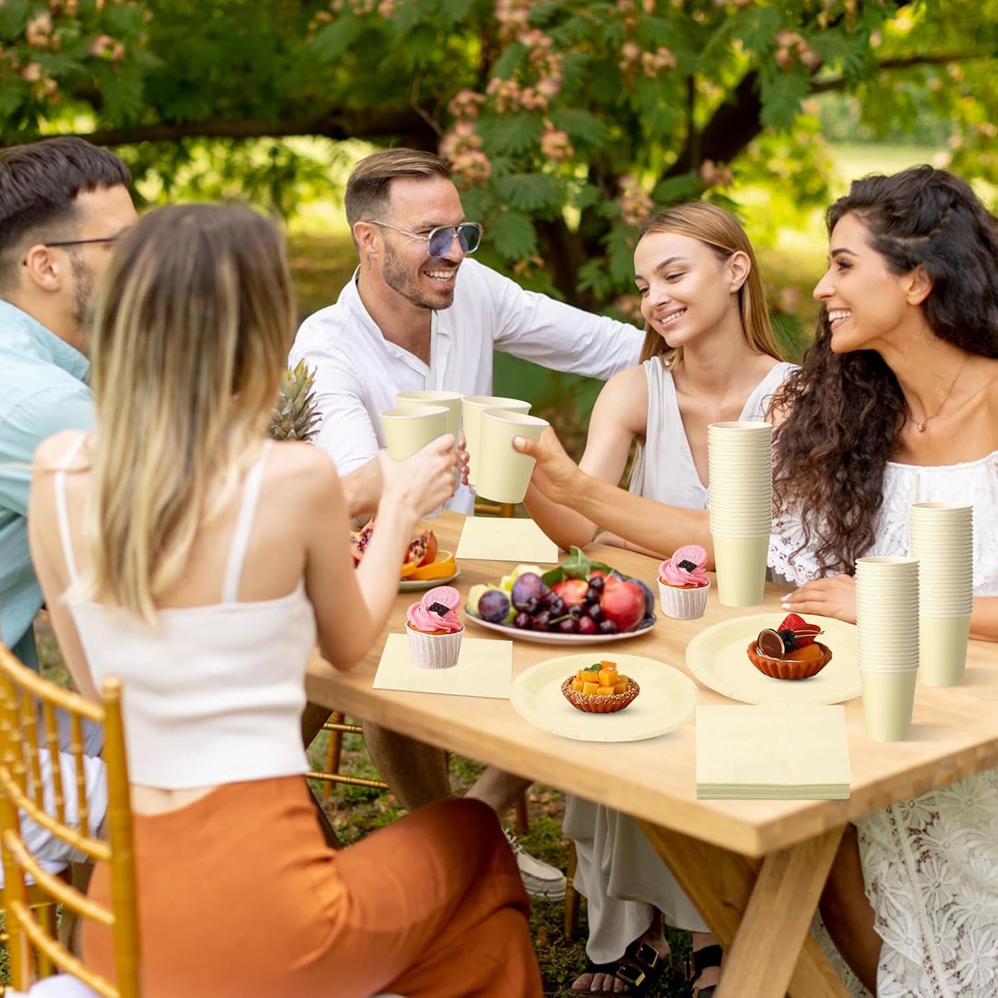 Tioncy 200 Pcs Disposable Paper Plates Cups and Napkins Party Supplies Serve 50 Guests Disposable Paper Dinnerware Set for Halloween Birthday Wedding Baby Shower Family Picnic(Yellow)