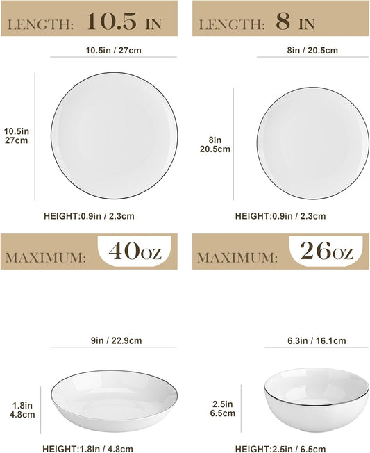 MALACASA 24-Piece Gourmet Porcelain Dinnerware Sets, Modern White with Black Rim Round Dish Set for 6 - Premium Serving Plates and Bowls Sets for Dessert, Salad, Soup, Pasta - Series AMELIA