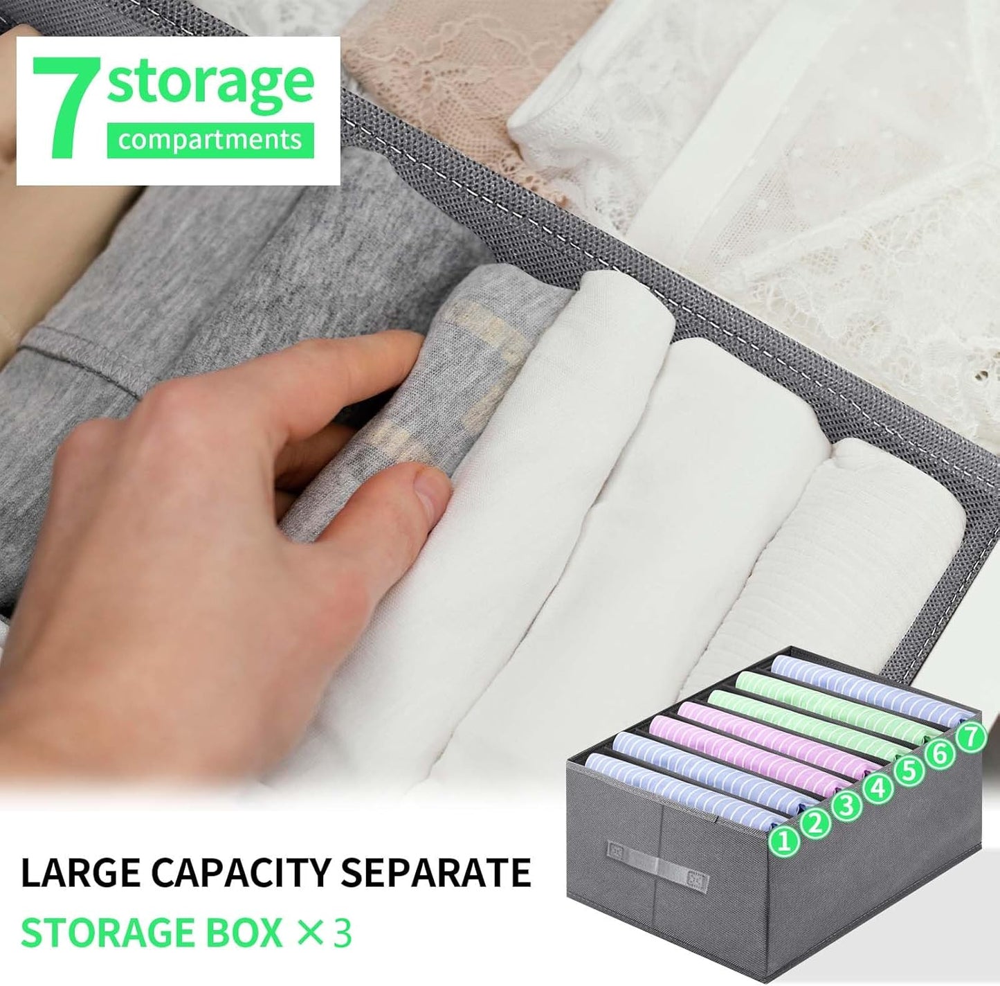 Jeans Organizer for Closet, Foldable Wardrobe Clothes Organizer with Handle, Stackable Closet Clothes Drawer Organizer Tshirts with 7 Grids for Leggings, Sweater, Jean, Pants, Grey (3 PCAK)
