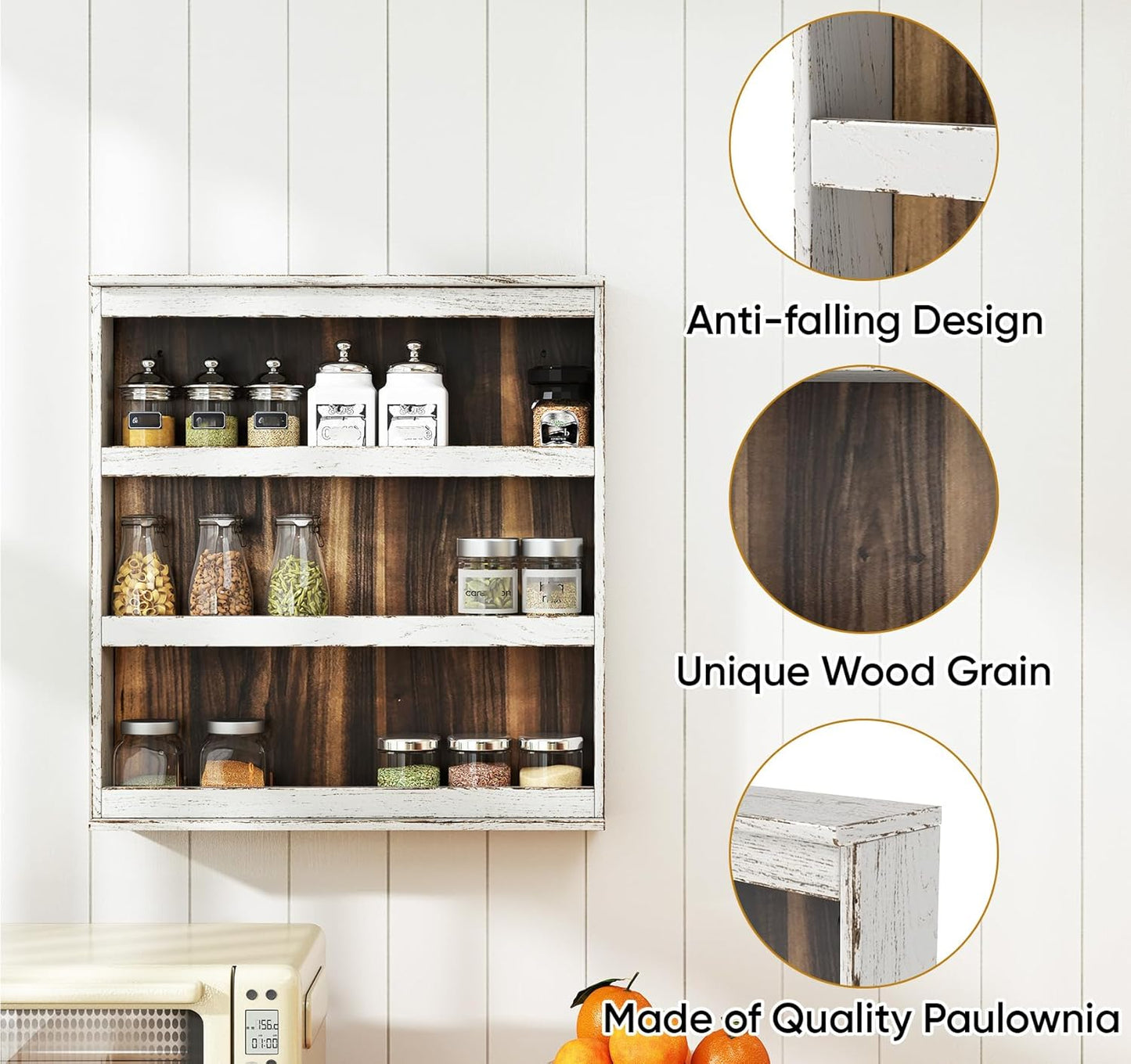 lesolar Rustic Torched Wood Spice Rack Wall Mount, 3 Tier Hanging Spice Rack, Vertical Spice Organizer Seasoning Jar Shelves for Pantry Kitchen Countertop Cabinet