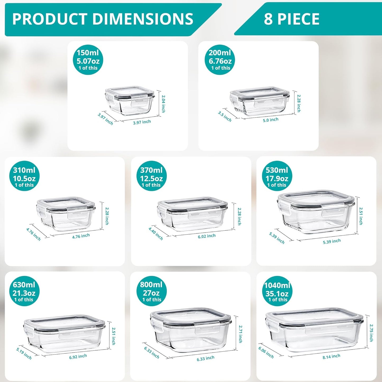 Sorbus 16pc Glass Meal Prep Containers Set – 4 Square and 4 Round Food Storage Containers with Airtight Lids – Freezer, Dishwasher, Oven Safe – Reusable Glass Containers for Meal Prep and Storage