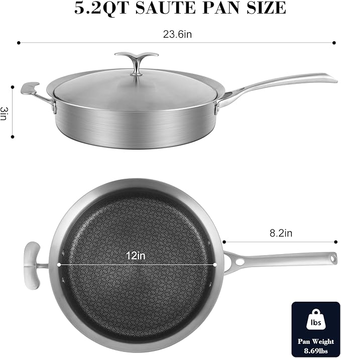 12 Inch Frying Pan Non Stick with Lid, Tri-ply Stainless Steel Saute Pan 5.2QT with Stainless Steel Lid, Fast and Even Heating Stay Cool Handles Induction Dishwasher & Oven Safe PFOA Free Cookware