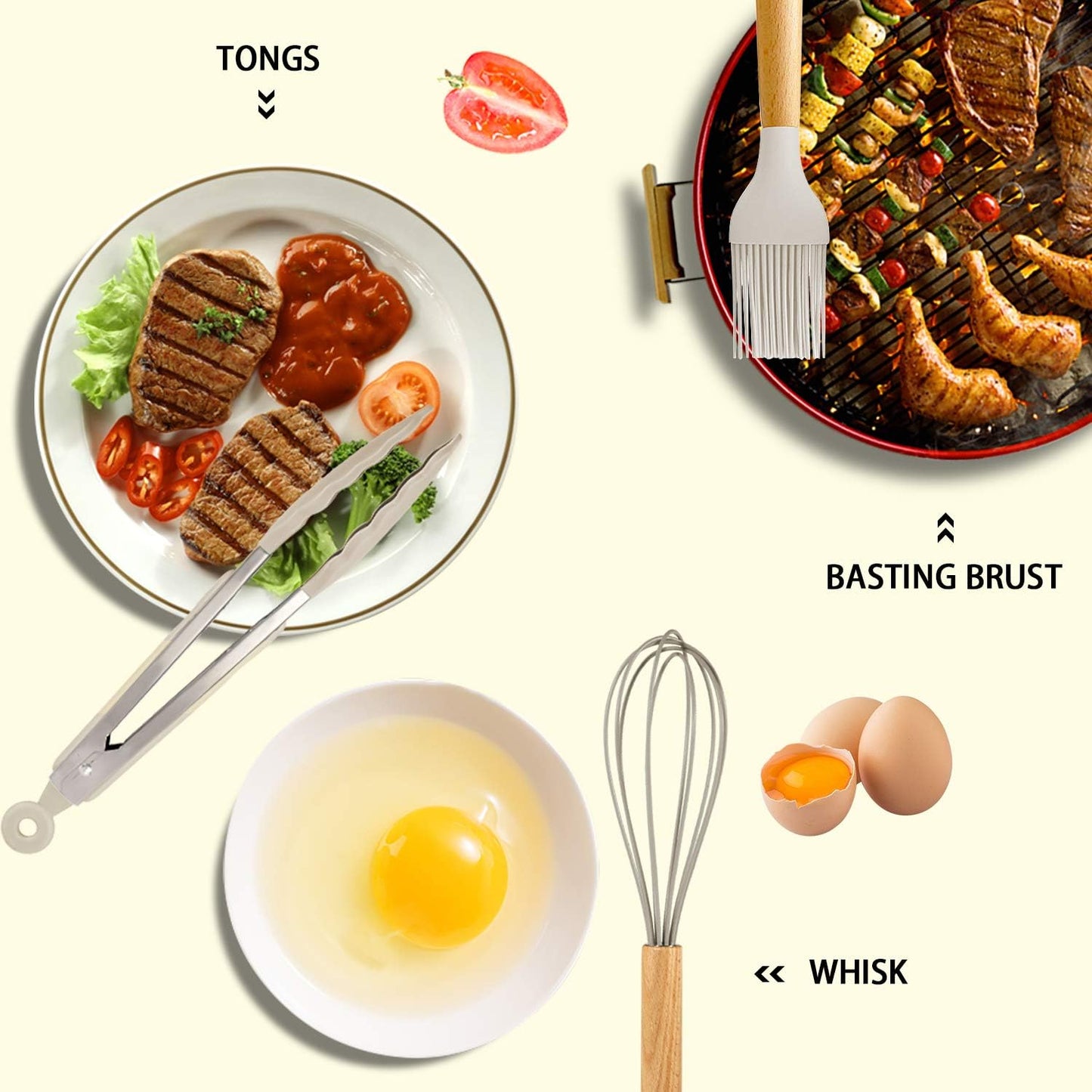 MIBOTE Silicone Cooking Kitchen Utensils Set with Holder, Wooden Handles BPA Free Non Toxic Silicone Turner Tongs Spatula Spoon Kitchen Gadgets Utensil Set for Nonstick Cookware (Khaki)