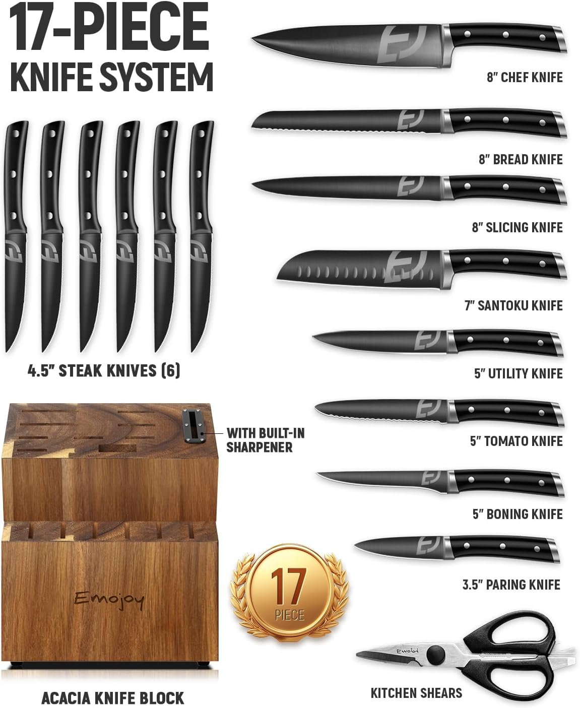 Knife Set, Emojoy 17-Piece Kitchen Knife Set with Heavy-Duty Acacia Block, Premium Titanium Stainless Steel Knife Block Set with Built-in Sharpener, Rust Proof