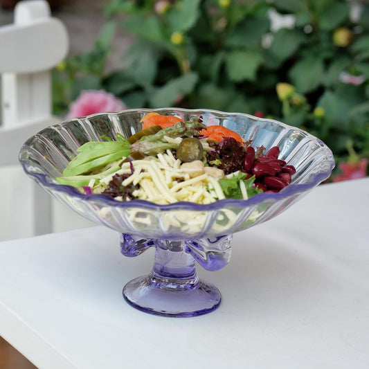Glass Fruit Bowl. 9 inch Glass Pedestal Bowl. Elegant Bow Decoration Multicolor Salad Plate. Suitable for Fruit, Dessert, Candy, Snack & More. (Purple)