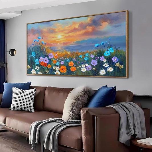 Ardemy Wildflower Wall Art for Living Room Large Framed Floral Canvas Pictures Bedroom Wall Decor Sunset Paintings Flower Textured Artwork for Walls Dining Room Home Office 40"x20"