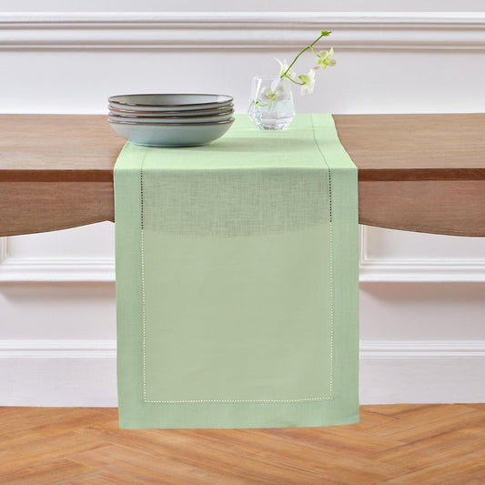 Solino Home Linen Light Green Hemstitch Table Runner 36 Inches - 100% Pure Linen Small Table Runner 14 x 36 Inch Ideal for Dresser and Coffee Tables - Classic Hemstitch