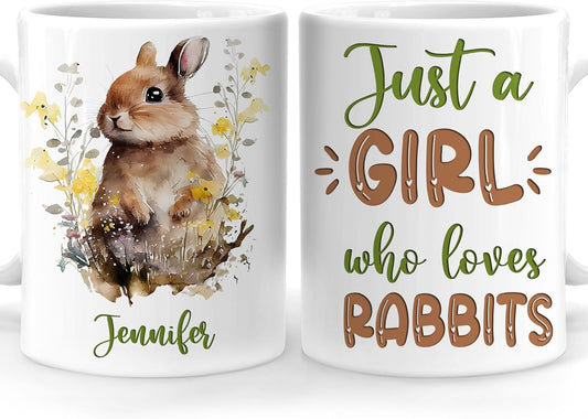 Hyturtle Personalized Gifts Rabbit Lover - Just A Girl Who Loves Rabbits Custom Name Ceramic Coffee Mug Cup 11oz - Idea Cute Animal Lover Gifts For Women, Girl On Birthday, Christmas