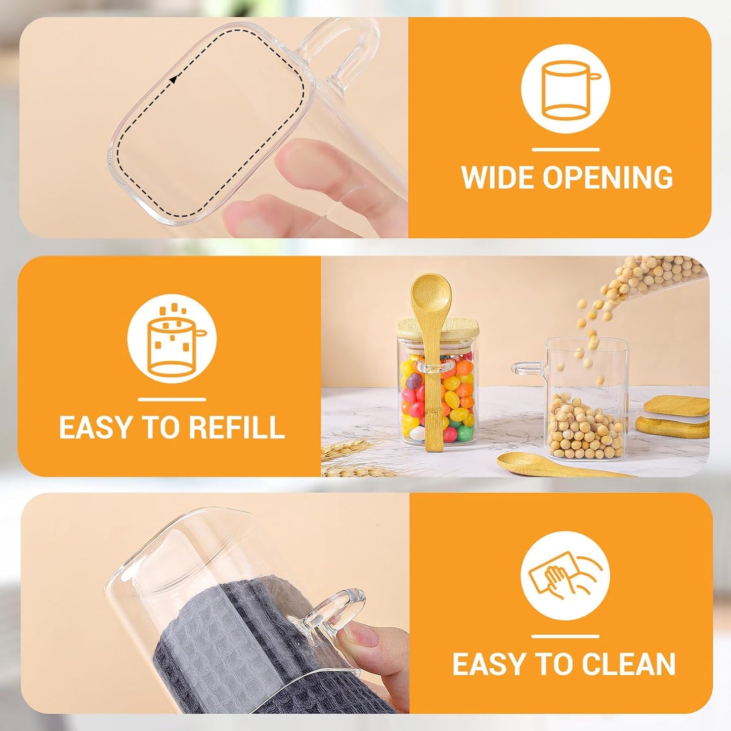 Glass Jars with Bamboo Lids and Spoons - 2 Pack 6 Fl.oz Square Glass Spice Jars with Lid, Kitchen Canisters for Countertop, Stackable Small Pantry Container for Jam, Tea, Coffee and Sugar