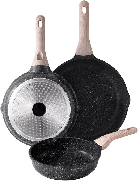 Kordisen Nonstick Frying Pan Set, 3 Piece Skillet Set, Healthy Induction Cookware Cooking Pan, Stay-Cool Handle, Compatible with All Stovetops, PFOA Free (9.5, 11, 12.5 Inch)