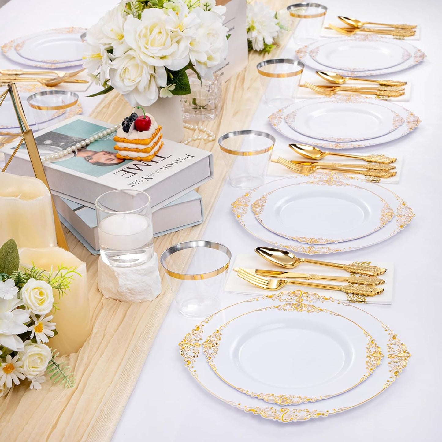 Hioasis 175pcs White and Gold Plastic Plates - Elegant Disposable Dinnerware Set Suitable for 25 Guests Include 10.25" Dinner & 7.5" Dessert Plates, Cutlery, Napkins, Cups for Party & Thanksgiving