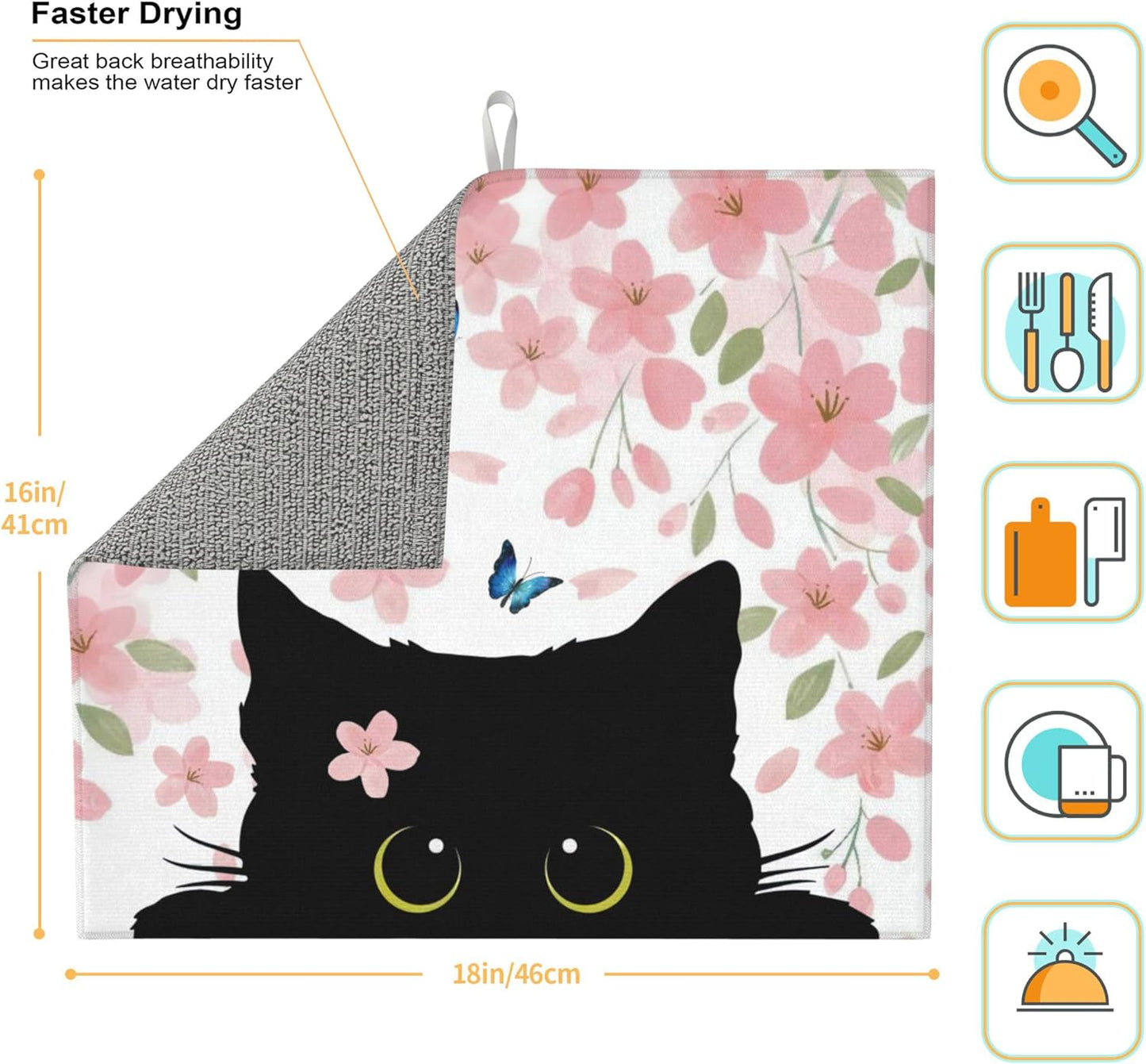 Flowers Black Cat Butterfly Dish Drying Mat for Kitchen Counter, 16"x18" Microfiber Absorbent Fast Dry Mat, 2Pcs Dish Mat Faucet Mats Sets, Large Drying Kitchen Mat Kitchen Drying Pad Coffee Bar Decor
