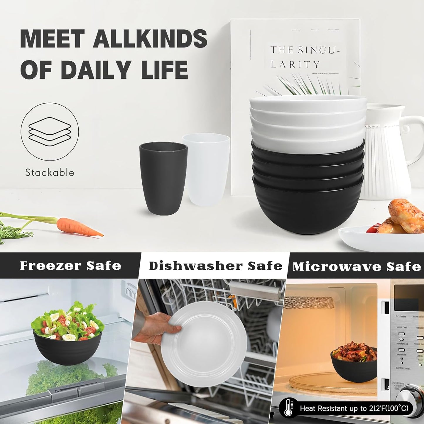 Kitchen Wheat Straw Dinnerware Sets (33pcs) Attached cleaning brush,Service For 8,Plastic Plates and Bowls Sets,Unbreakable Dinnerware,Lightweight Plastic Plate Set (Black white)