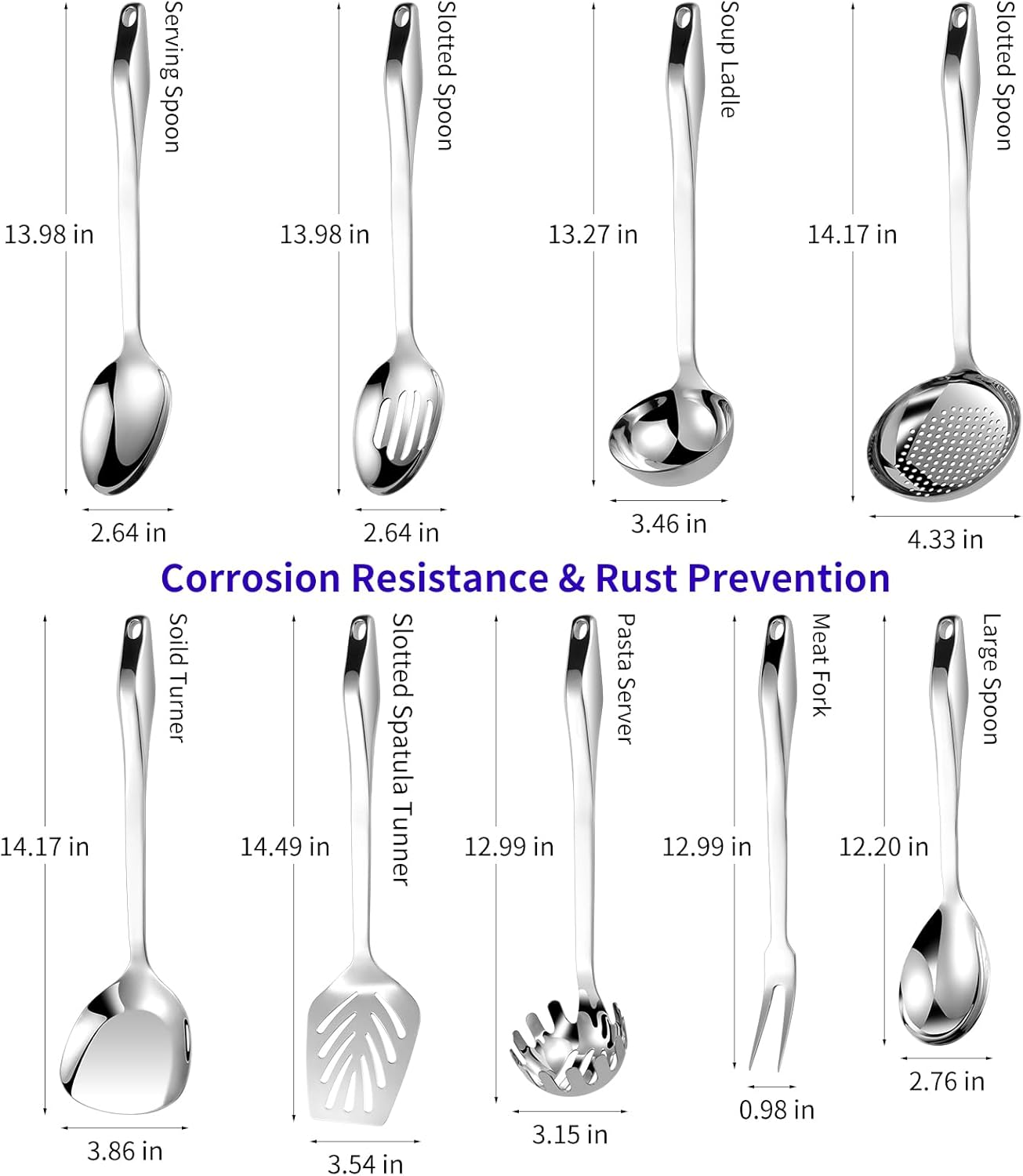 304 Stainless Steel Kitchen Utensil Set - 9pcs Cooking Utensils, Metal Kitchen Utensil Spatula Sets Cookware,High temperature resistance Kitchen Tool Set for Hanging Dishwasher Safe（Silver）