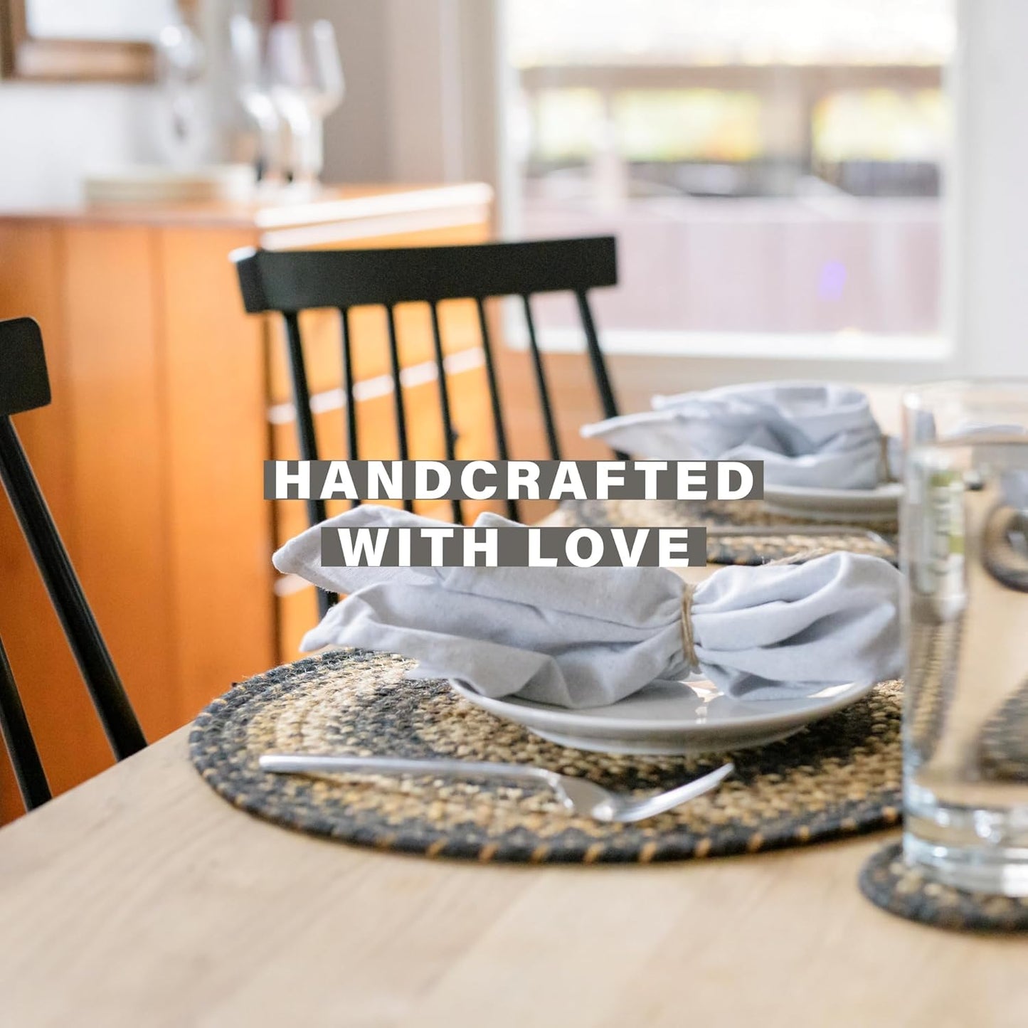 Homespice Kilimanjaro Jute Braided Trivets for Table, Warm Primitive Decor, Set of 3, Black and Tan 8" Round Heat Resistant Mats - Rich Colors, Easy to Clean, Durable and Protects Furniture