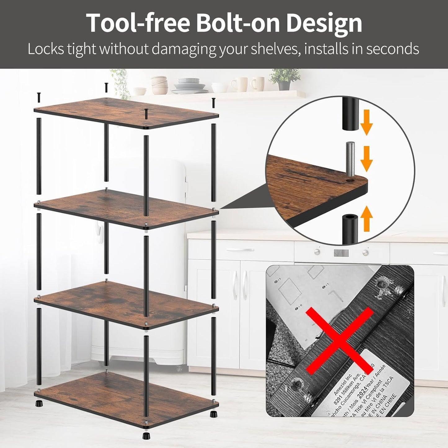 Countertop Spice Rack, Stackable Wood & Metal Pantry Cabinet Shelf Organizer Storage, 4-Tier or Split into 2×2-Tier, Multi-Use for Kitchen Bathroom Desktop Home Office, Rustic Brown