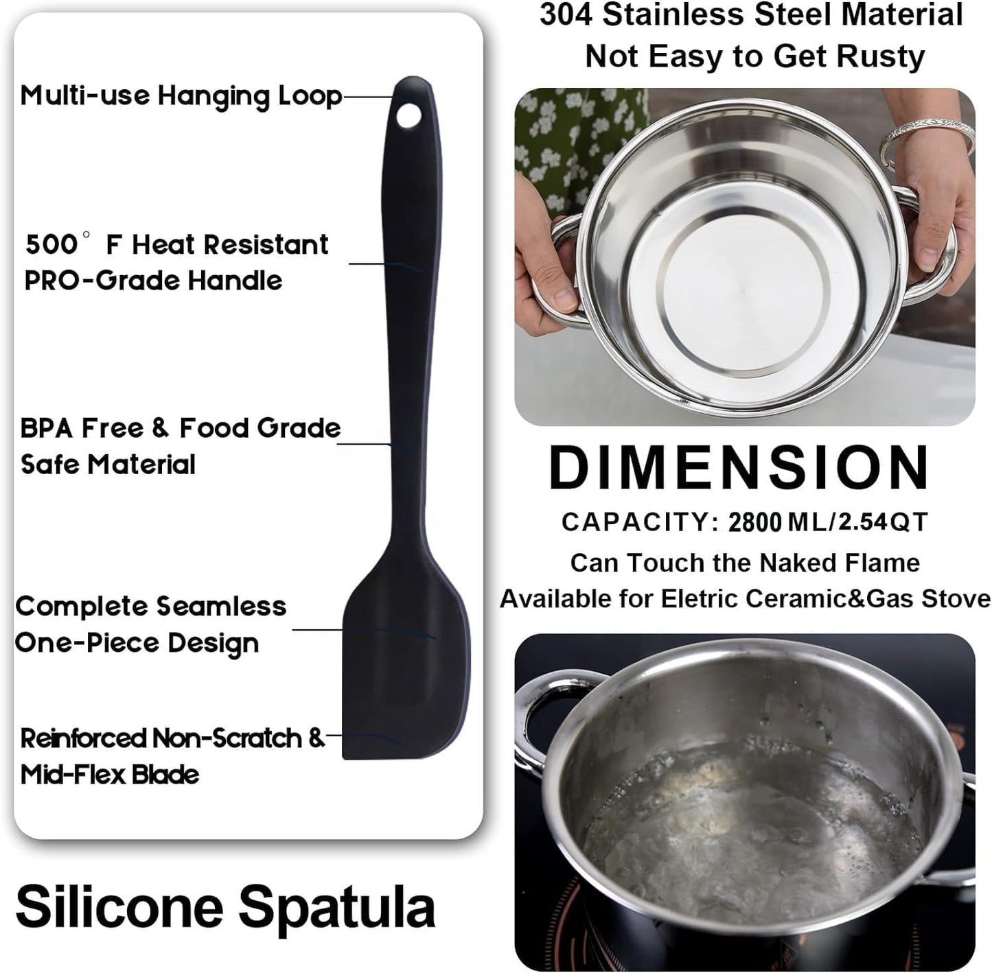 Marsheepy Double Boiler Pot Set,2000ML/1.8QT Mixing Bowl for Chocolate Melting, 2800ML/ 2.54QT 304 Stainless Steel Pot With Silicone Spatula for Melting Chocolate, Candy, Candle, Soap, Wax