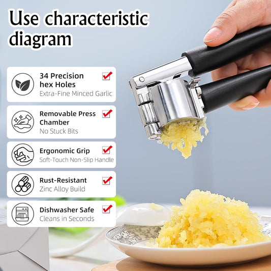 Garlic Press Mincer, Crusher Set with Removable Chamber - Ergonomic Handle, Dishwasher Safe, Easy to Clean for Kitchen, Cooking, Restaurants