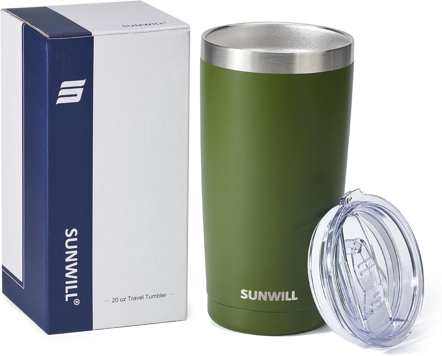 SUNWILL Travel Coffee Tumbler 20 oz, Insulated Mug with Lid, Stainless Steel Cup for Outdoor, Powder Coated Olive