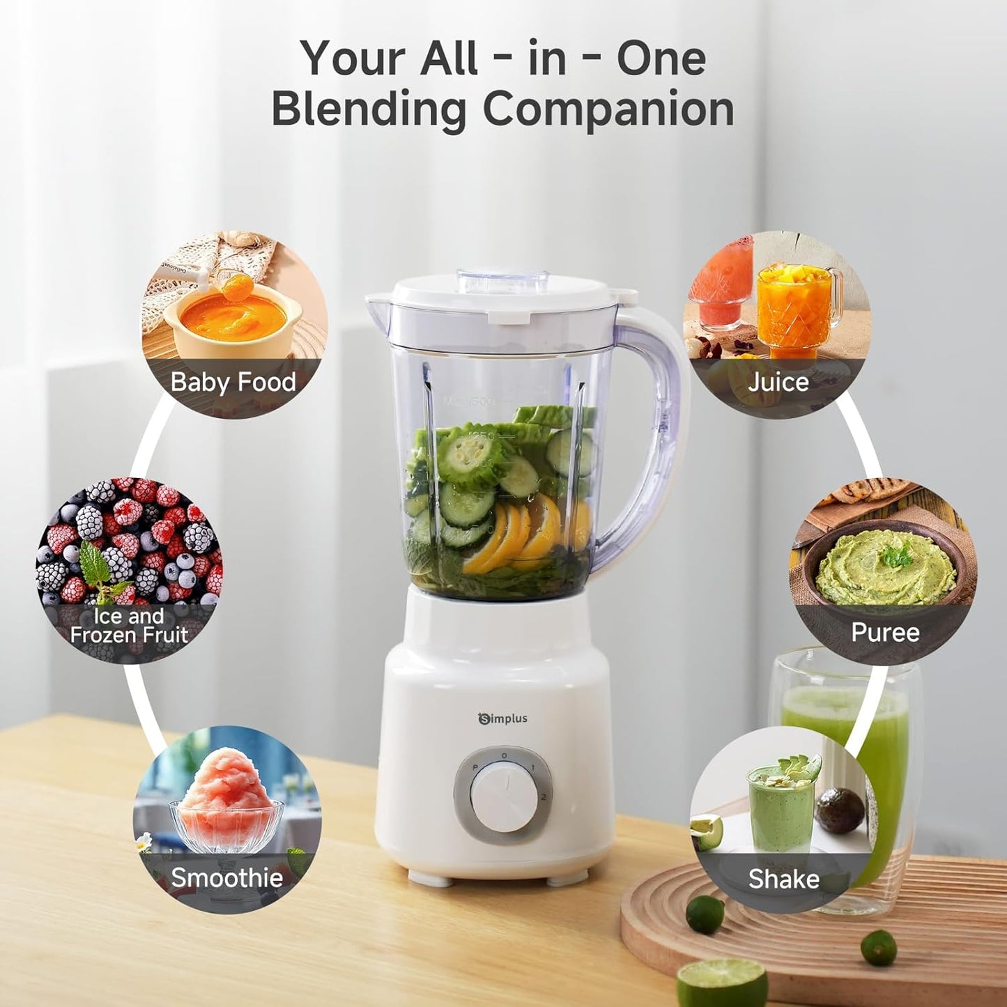 SIMPLUS White Blenders for Kitchen, 51oz Countertop Blender, Stainless Steels Professional Blenders, 3 Adjustable Speed Smoothie Maker for Juices, Puree, Shakes, Fruit Drinks, Sauces, Self-Cleaning