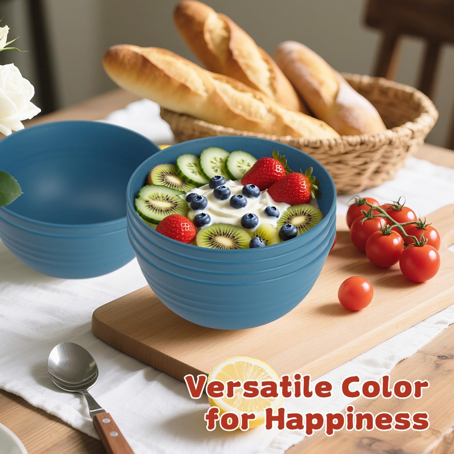 Wrova 6-piece Wheat Straw Bowls sets 26oz,Alternative Plastic Bowls Reusable for indoors and outdoors,Microwave-able and Dishwasher Safe Bowls Sets Easy to Clean.Blue Series