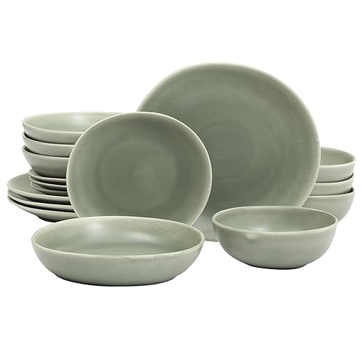 Gibson Elite Zion Mist 16 Piece Stoneware Reactive Glaze (Service for 4) Ceramic Plates and Bowls Modern Organic Dinnerware Set - Green