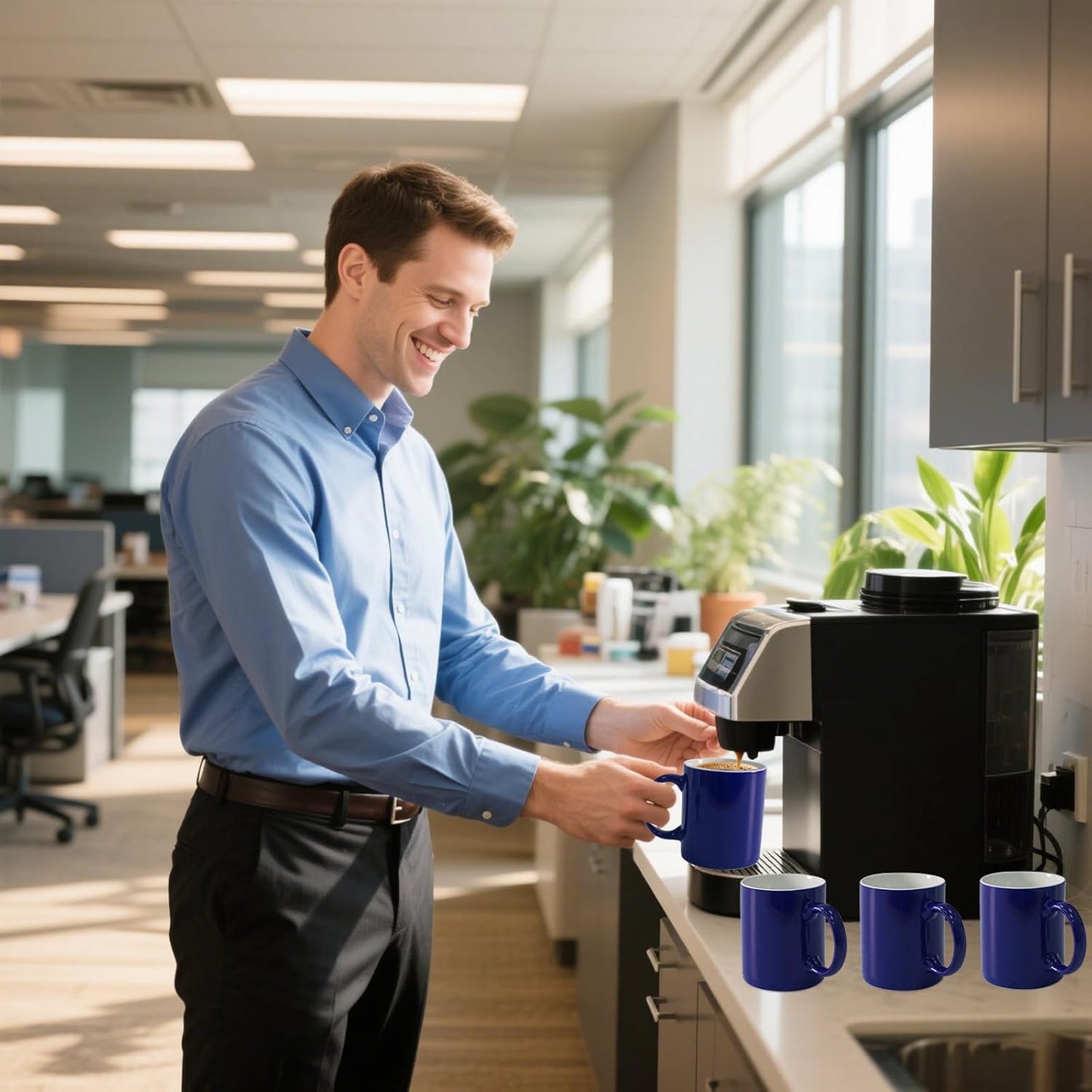 12 oz Cup (4pcs), Plain Gloss Blue Ceramic Coffee Mug for Milk Tea, Set of 4