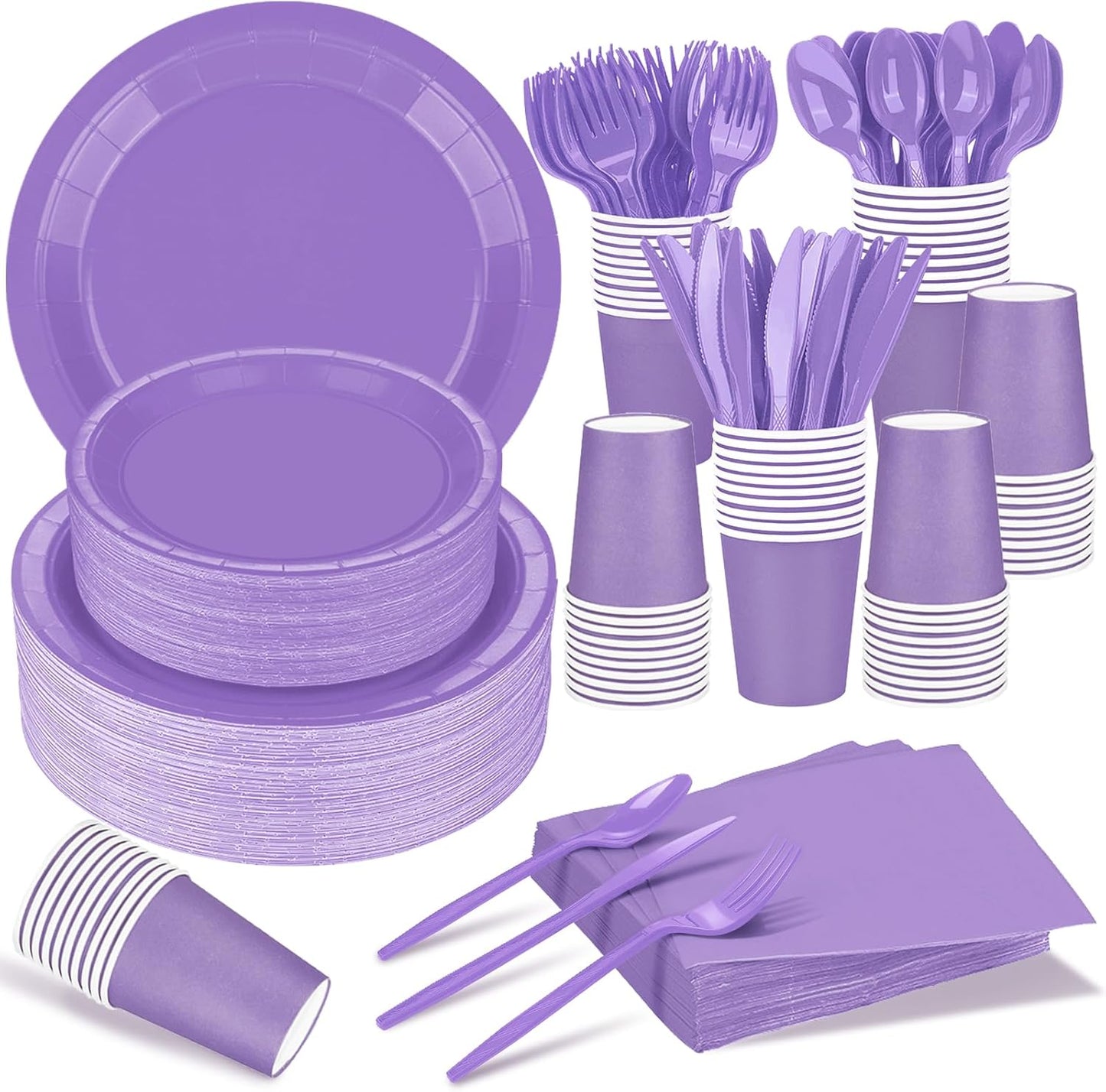 TWOWYHI 228PCS Lavender Party Supplies Set Include Paper Plates Cups Paper Napkins Plastic Spoons Forks Knives for 30 Guests Disposable Party Dinnerware for Birthday Wedding Family Picnic