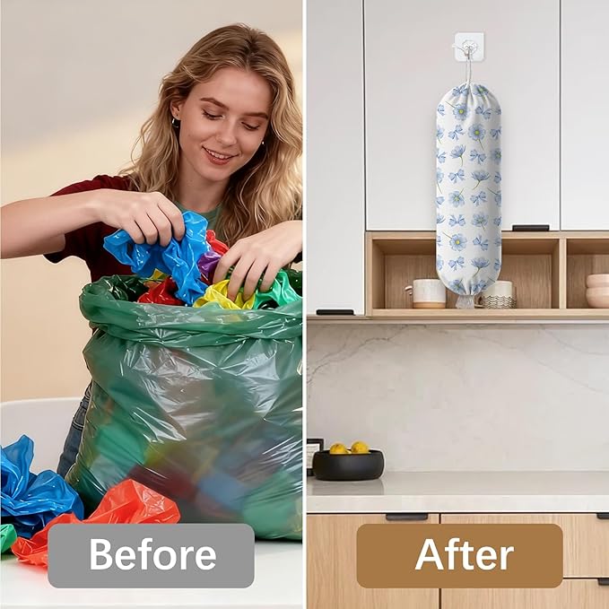 Plastic Bag Holder Dispenser, Plastic Grocery Bag Organizer & Wall Mount Paper Trash Bags Saver Storage for Kitchen Home Pantry Decor - Blue Floral Shopping Bags Storage Dispenser