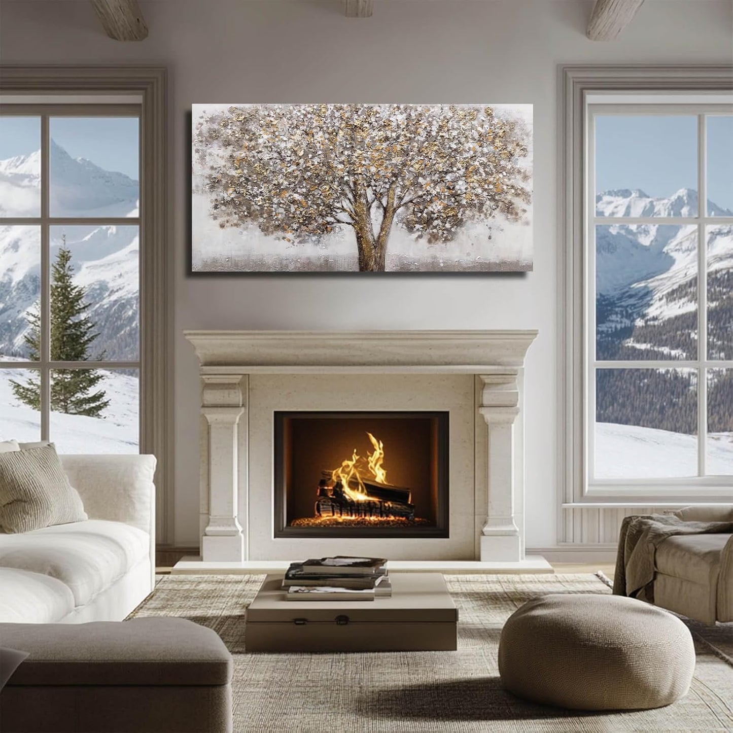 CHUDANHAO Grey Art Posters Big Tree Wall Decor Pictures for Office Gold and White Wall Art Botanical Painting for Living Room Kitchen 24x48 Inch