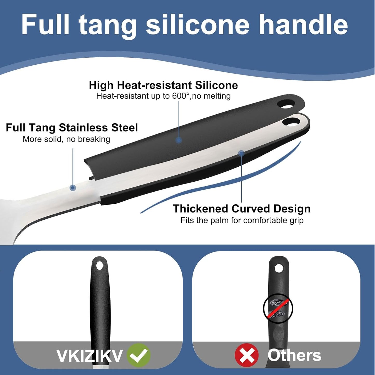 Stainless Steel Spatulas Set, 13.3 inch Metal Spatula, Full Tang Solid and Slotted Turner for Cooking Cast Iron Skillet, Heat Resistant Silicone Handle (Solid 4.6"x3.7")