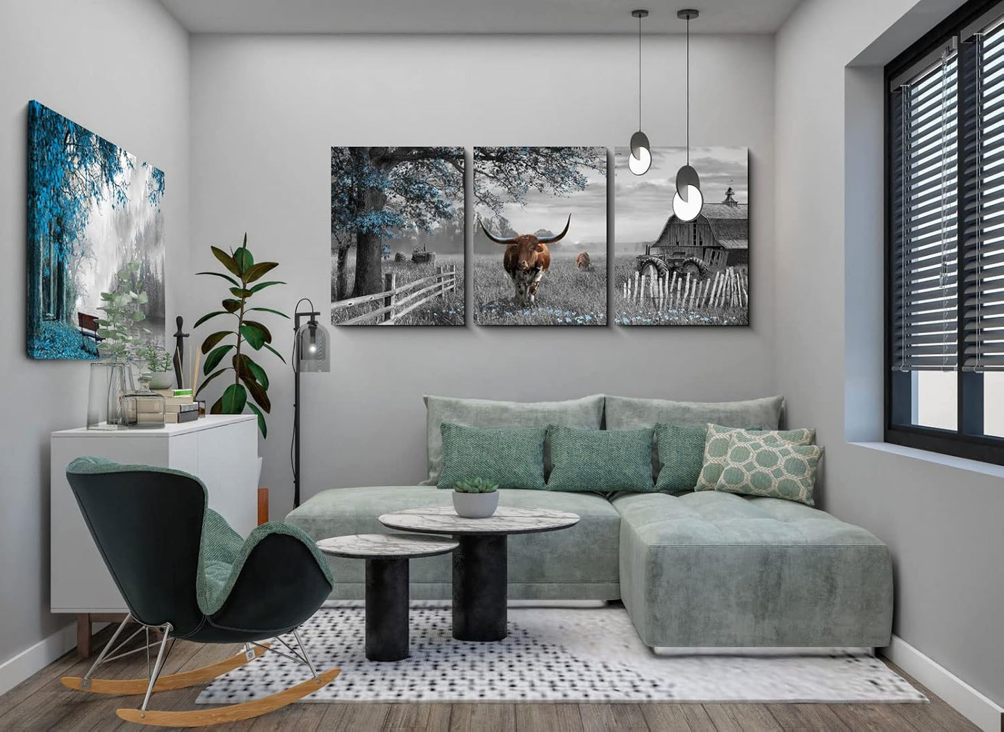 Yiijeah Large Brown Cow Wall Art - Blue Tree Pictures Farmhouse Wall Decor for Living Room & Master Bedroom - 16x24 Inches